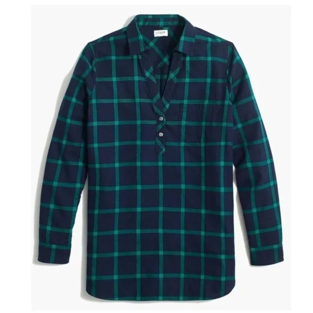 J. Crew Women's  Shirt Blue Green Open V-Neck Buffalo Check Flannel Style Small